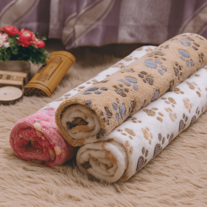 Three rolled-up towels with paw prints on a textured surface.