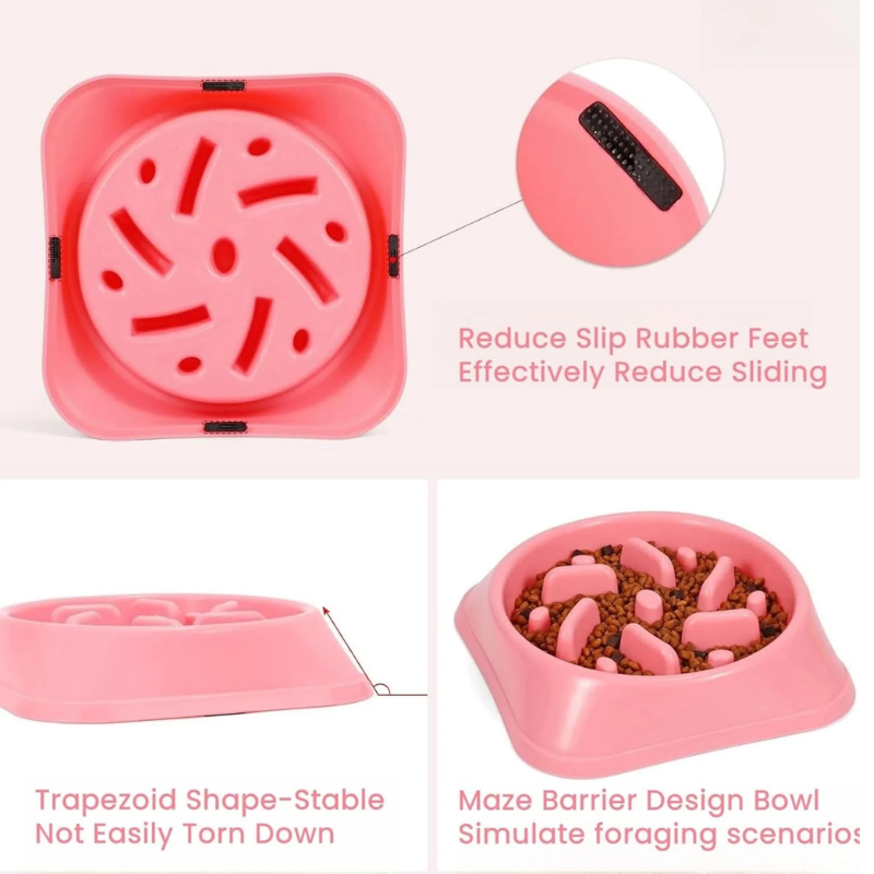 Pink pet bowl with maze barrier design and slip reduction features on a white background