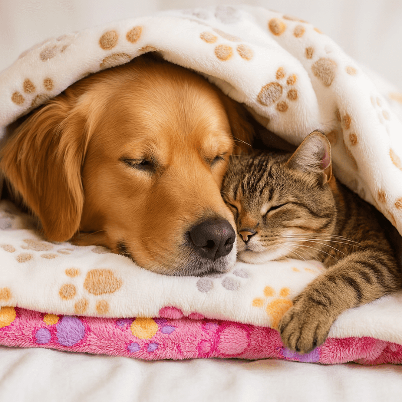 Dog and cat sleeping together under a patterned blanket