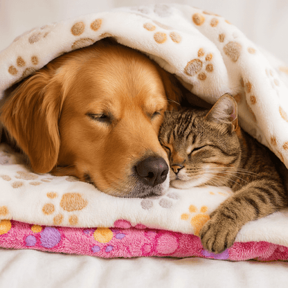Dog and cat sleeping together under a patterned blanket