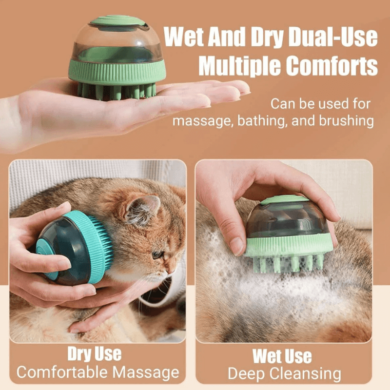Pet grooming tool with text indicating dual-use for massage, bathing, and brushing on a brown background.