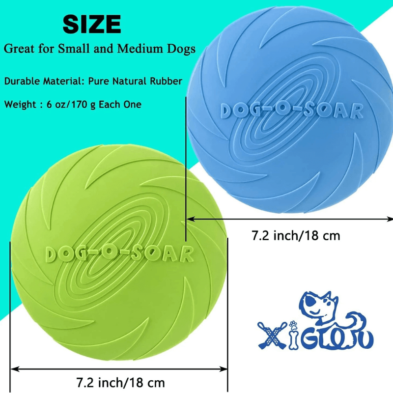 Two dog toys, one green and one blue, with dimensions and material information on a teal background.