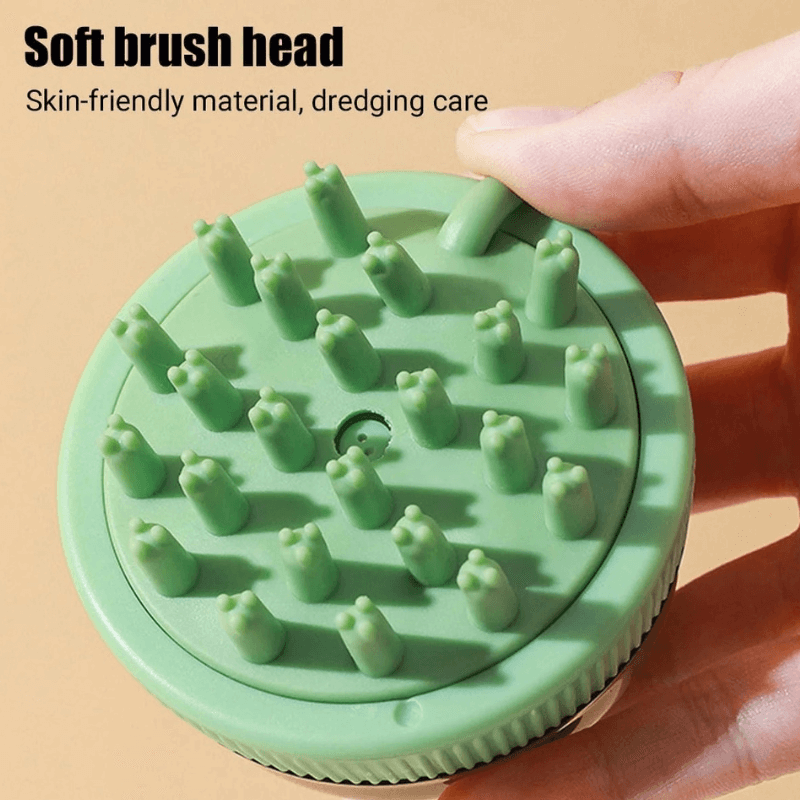 Green soft brush head held by a hand with text on a beige background