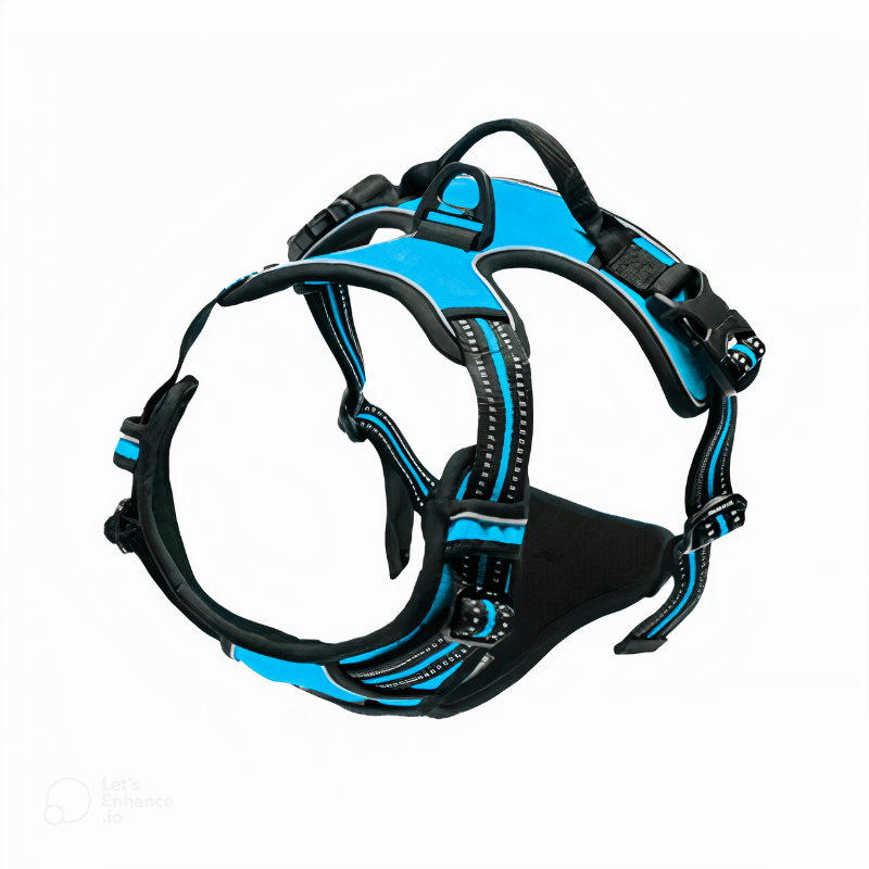 Black and blue dog harness on a white background