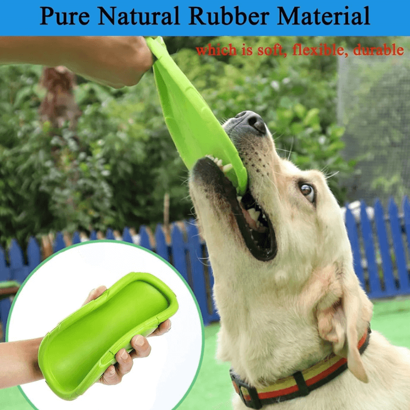 Dog playing with a green rubber toy outdoors, with text about pure natural rubber material.