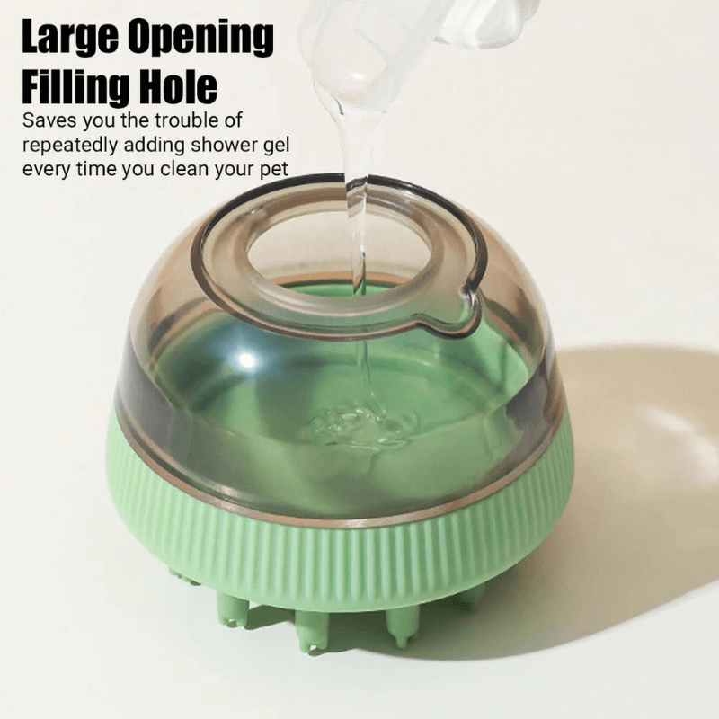 Green pet cleaning device with a large opening filling hole on a white background
