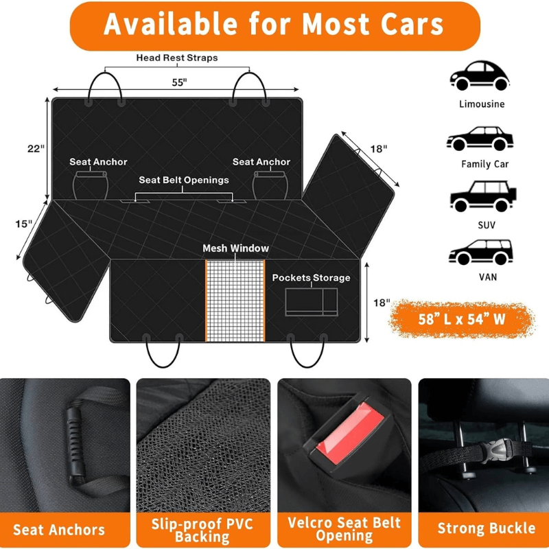 Car seat cover with dimensions and features for various car types on a white background