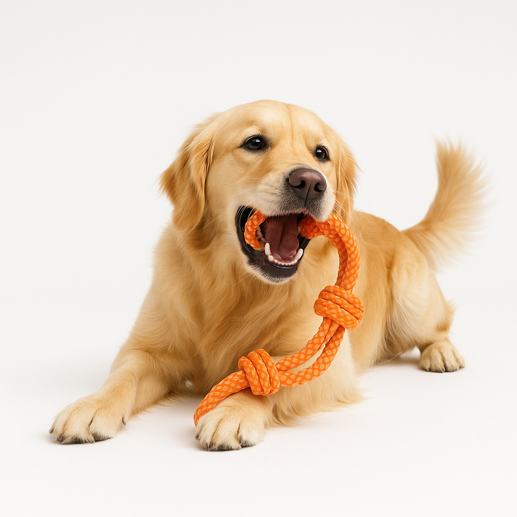Dog playing with an orange rope toy on a white background
