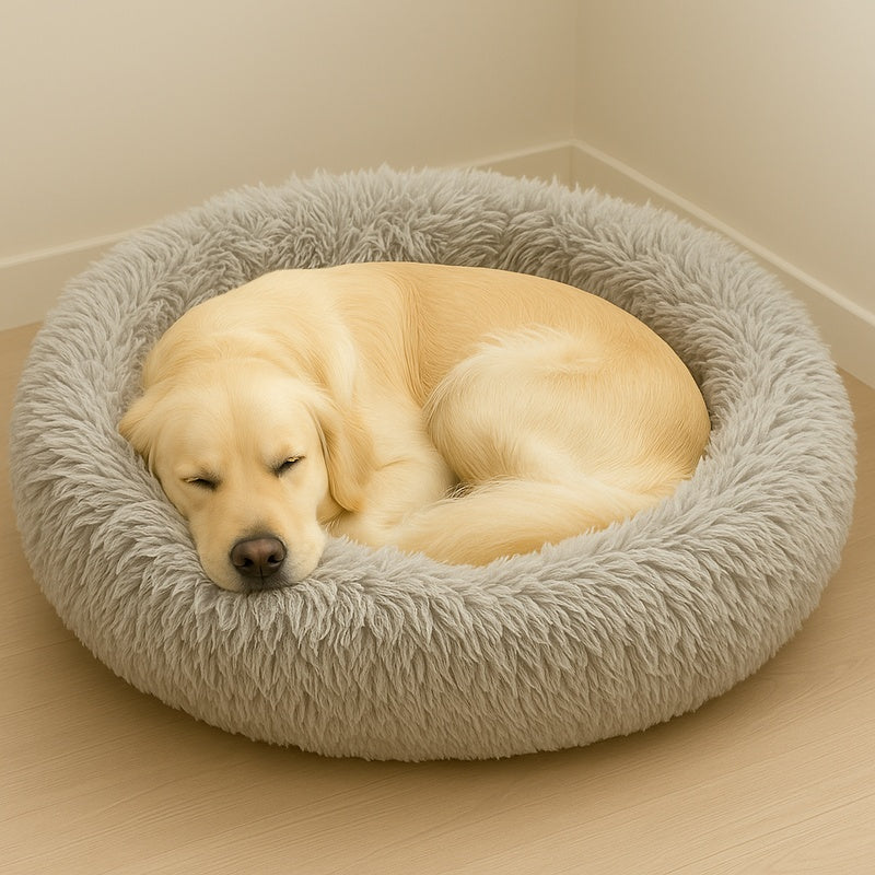 Dog sleeping on a fluffy gray pet bed indoors.
