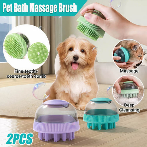 Pet bath massage brush with a dog sitting on a couch, showing different uses of the brush.